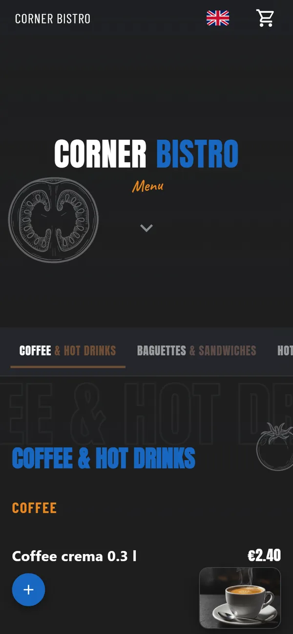 The opening screen of the demo restaurant's menu on a phone: the name Corner Bistro in two colours, the word Menu in a handwritten face, a sketched tomato, then the first category.