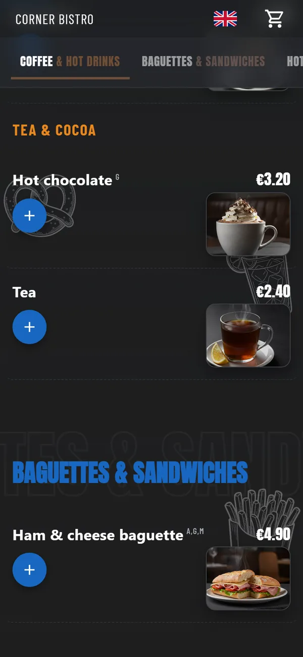 The guest menu on a phone for a demo restaurant called Corner Bistro: category tabs, hot chocolate and tea with prices and a plus button, then the baguettes section.
