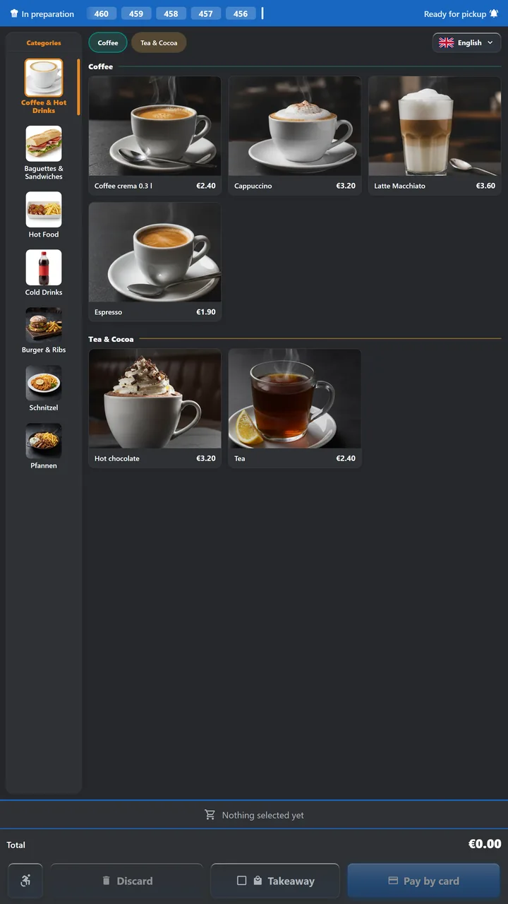 The kiosk menu: categories on the left, coffee and tea tiles with photos and prices, the running order numbers at the top, and the checkout bar at the bottom.