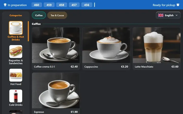 Kiosk menu with categories on the left and coffee tiles with photos