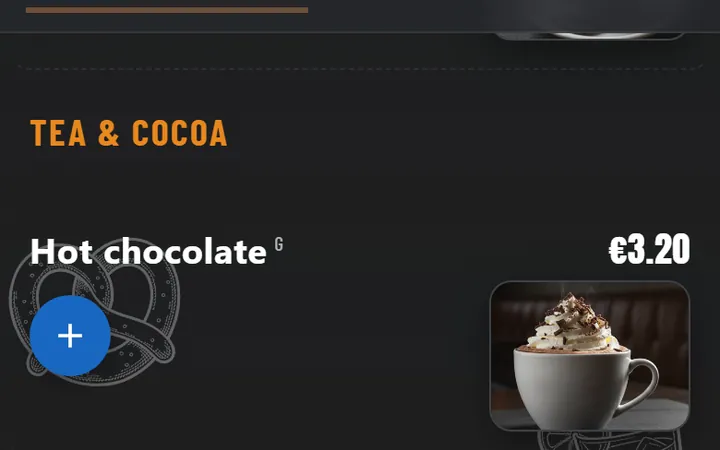 Guest menu on a phone with category tabs and a plus button per dish